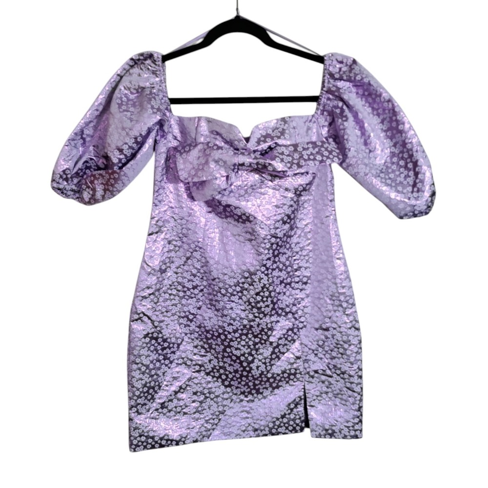 Cras Jasminecras Metallic Purple Floral Bow Puff Sleeve Mini Dress Size 38